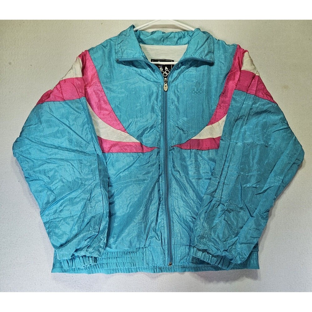 Vintage 90's  USA Olympic JcPenney Nylon Windsuit Top Size Small Blue Pink White